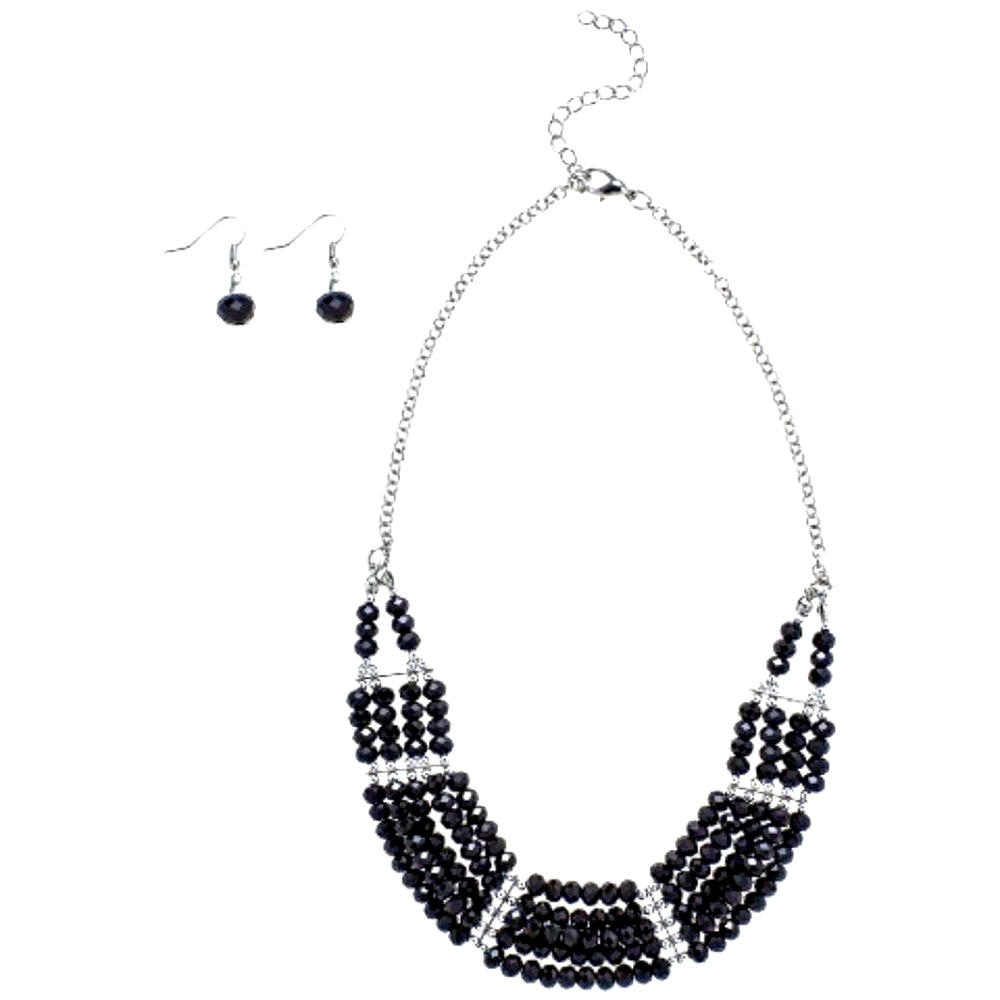 2PC Etc Black Stone Silver Beads Chocker Necklace Earring Set